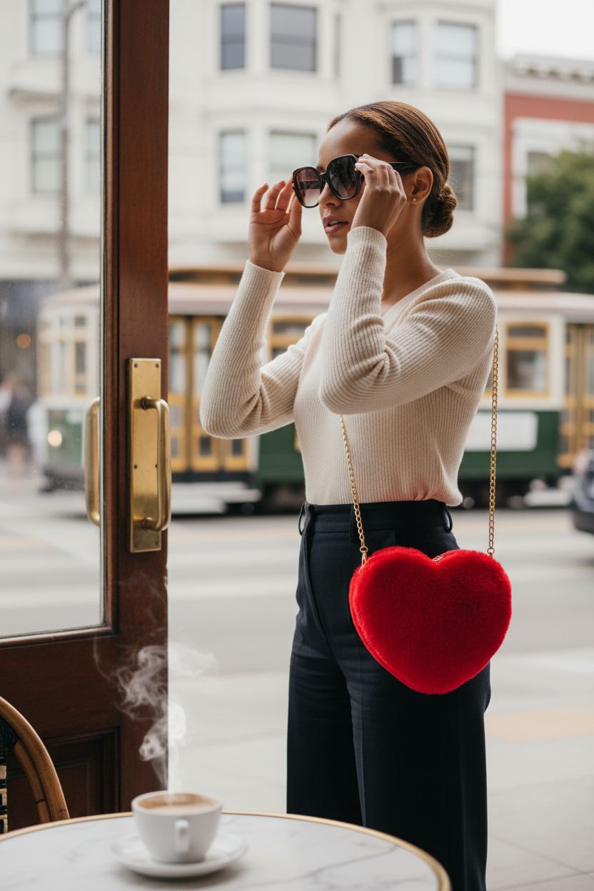 Miayon red heart bag with gold chain, perfect for casual outings at a café