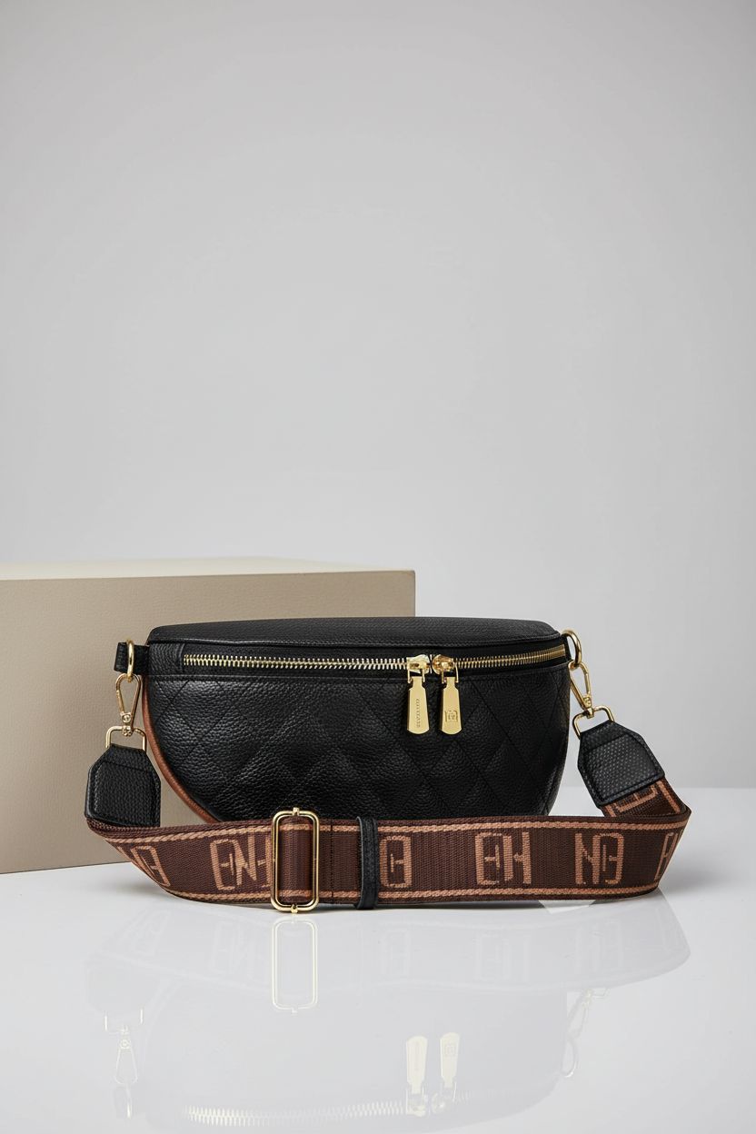 Eslcorri black quilted waist pack showcasing sleek design and vegan leather material.