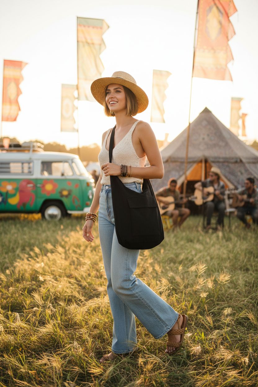 Your Cozy black cotton hippie bag worn crossbody at a lively festival.