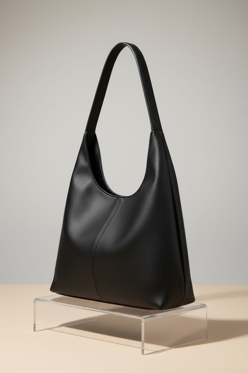 Stylish black hobo bag by CUNGGI displayed in a clean studio, emphasizing quality and design.