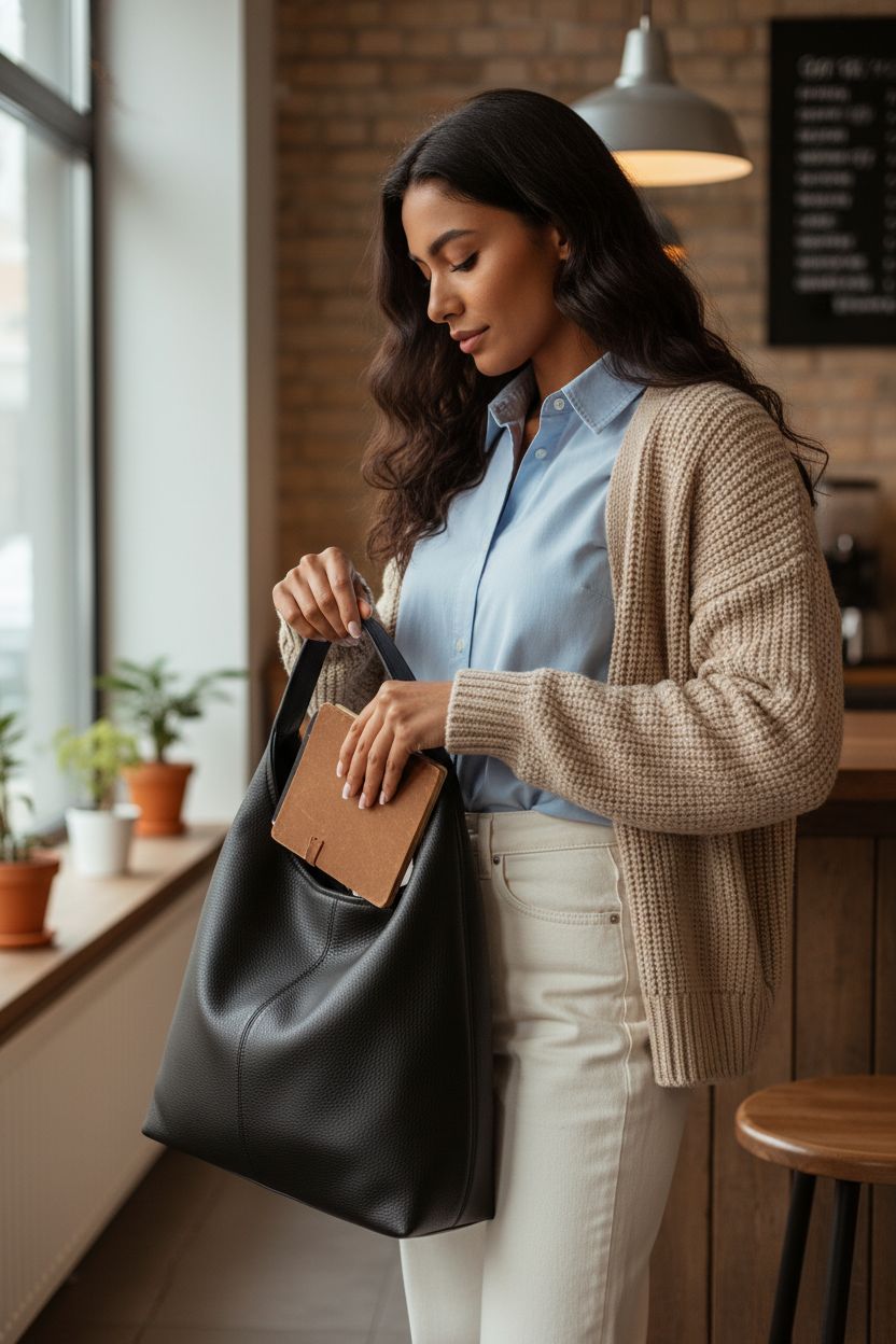 Black hobo bag by CUNGGI in a cozy café, perfect for work and casual outings.