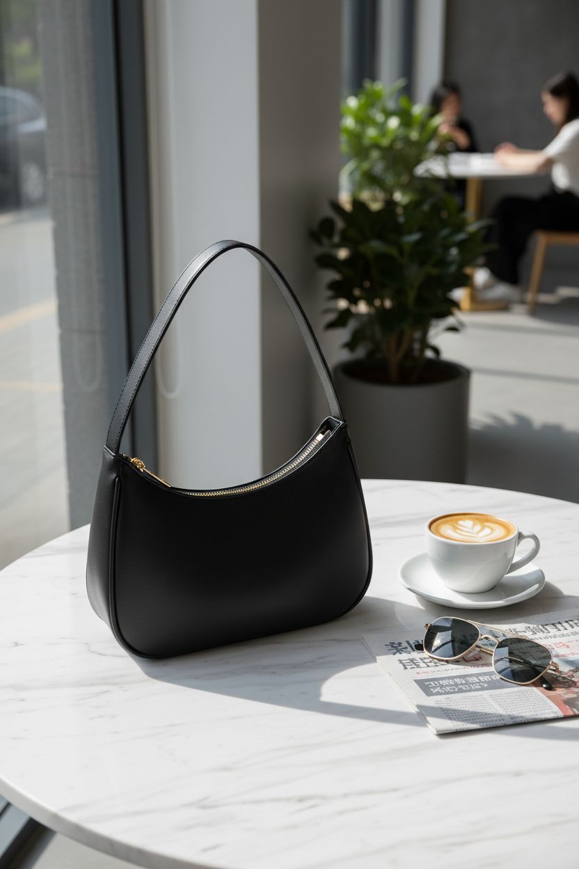 CYHTWSDJ black hobo bag beside coffee and newspaper in a cozy café setting