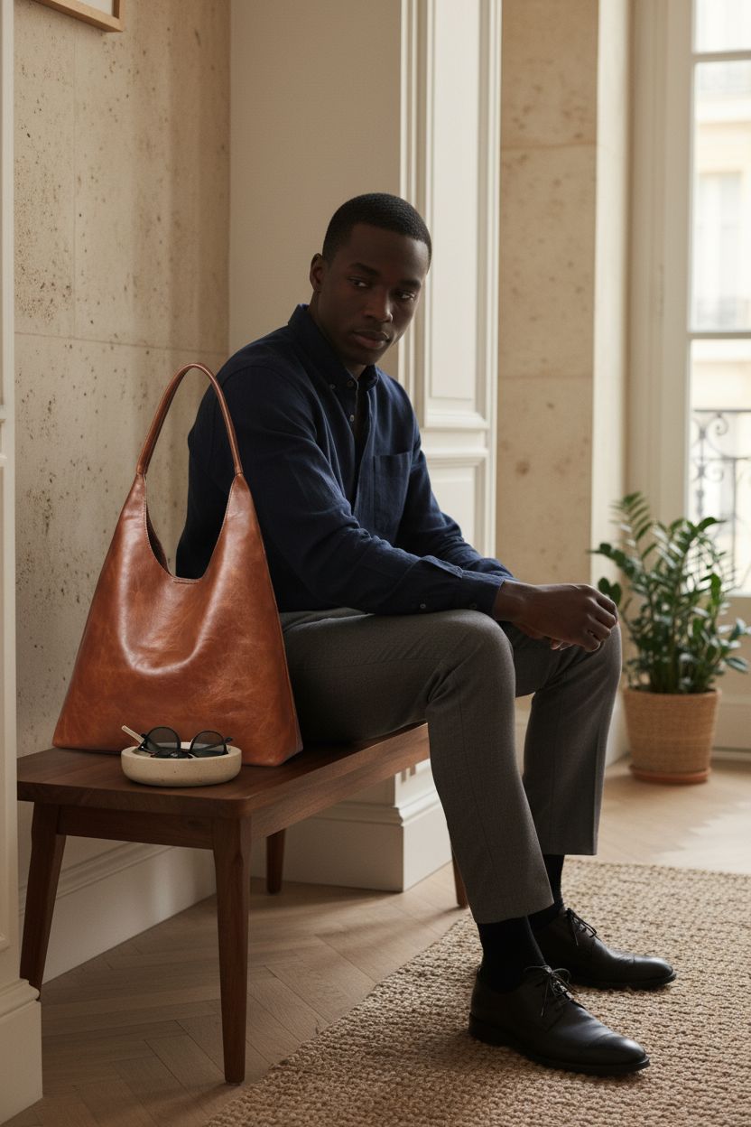 Utenwat brown hobo bag resting on a mid-century bench, emphasizing its slouchy vegan leather design.