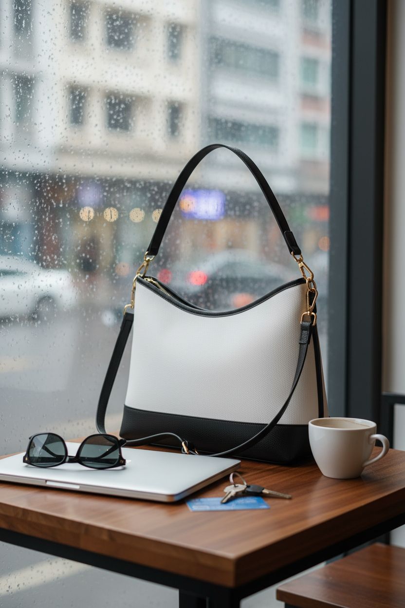 Cozy setting featuring CYHTWSDJ hobo bag in white and black, perfect for rainy afternoons.