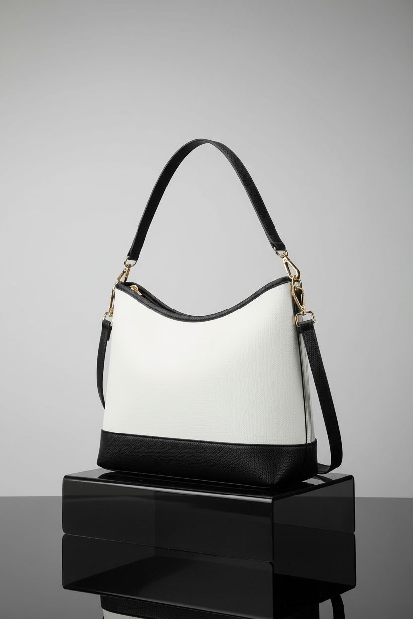 Product shot of CYHTWSDJ hobo bag in white and black, highlighting features and design.