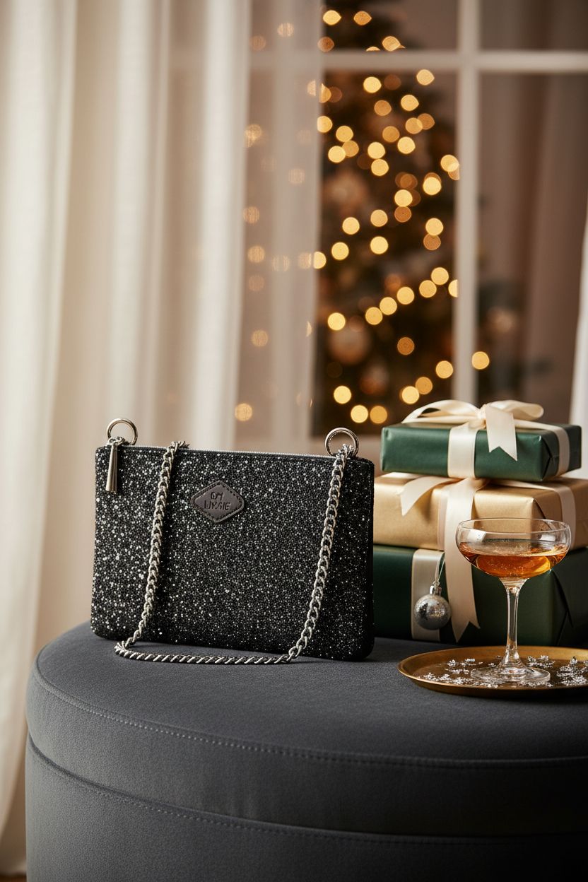 GM LIKKIE Crossbody Clutch Purse on stylish ottoman, adding elegance to holiday decor.