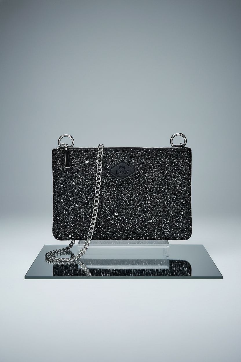 GM LIKKIE Crossbody Clutch Purse showcased in a sleek studio, highlighting its glittery design.