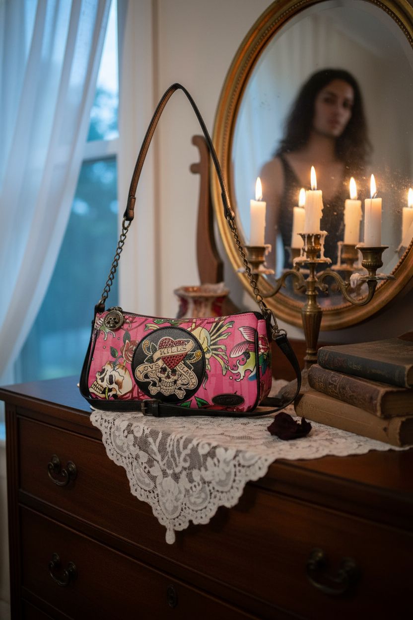 ED HARDY Love Kills Slowly purse on a vintage dresser surrounded by romantic decor and horror novels