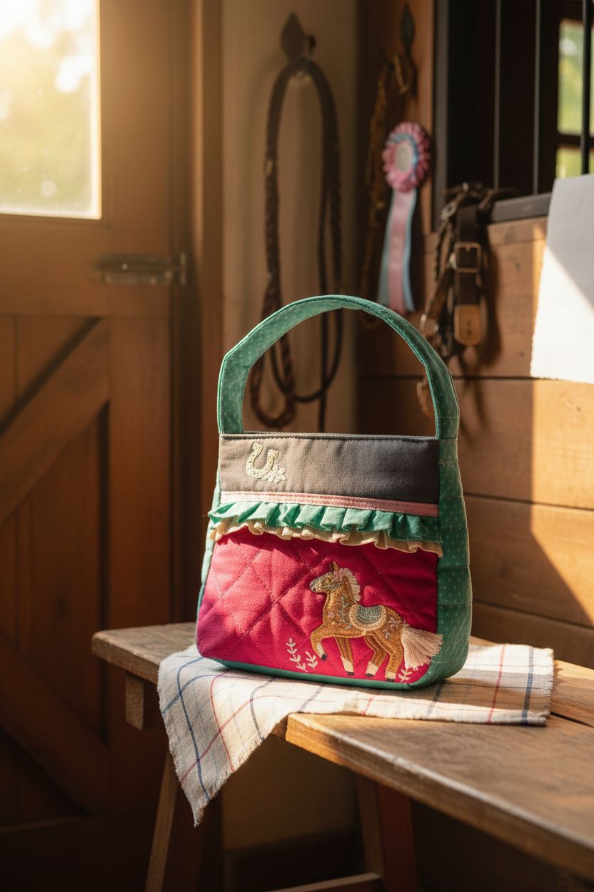 Cozy barn setting featuring Stephen Joseph horse purse with quilting and glitter accents
