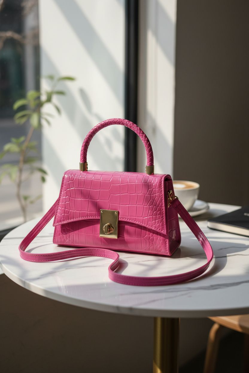 JHVYF hot pink purse elegantly displayed on a marble table with soft lighting.