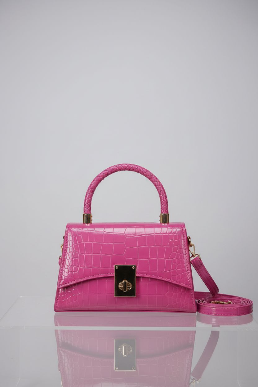 JHVYF hot pink purse on a minimal backdrop, highlighting its croc emboss and design.