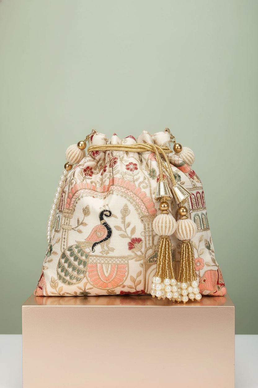LONGING TO BUY Indian potli bag featuring sequins and pearl handle on gradient backdrop