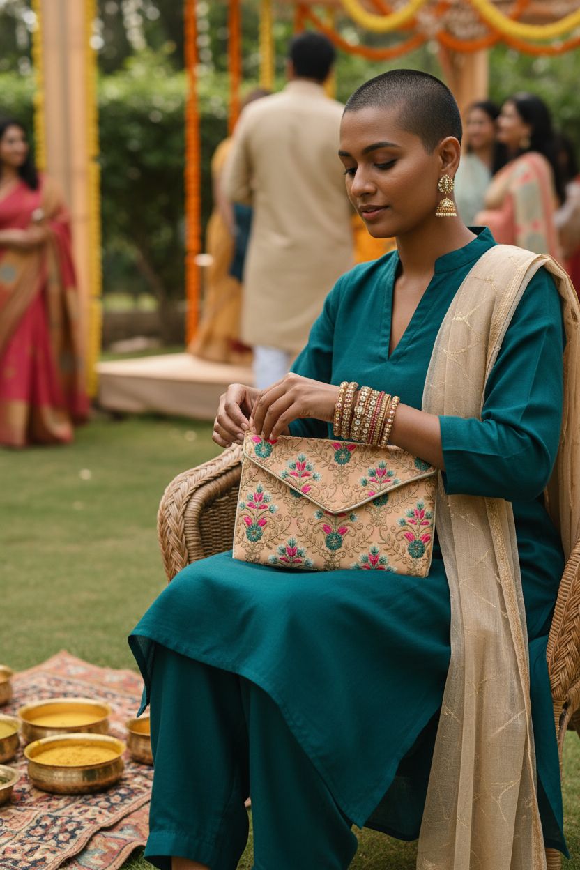 Peach floral motif clutch purse by LONGING TO BUY showcased at a garden mehendi setting.
