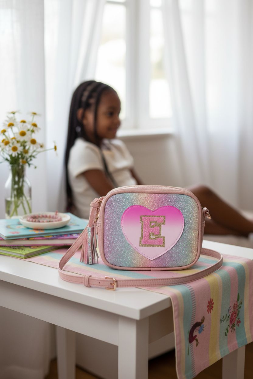 Cozy setting with personalized toddler purse by UIXIZQ on a bedside table, showcasing its sparkly design