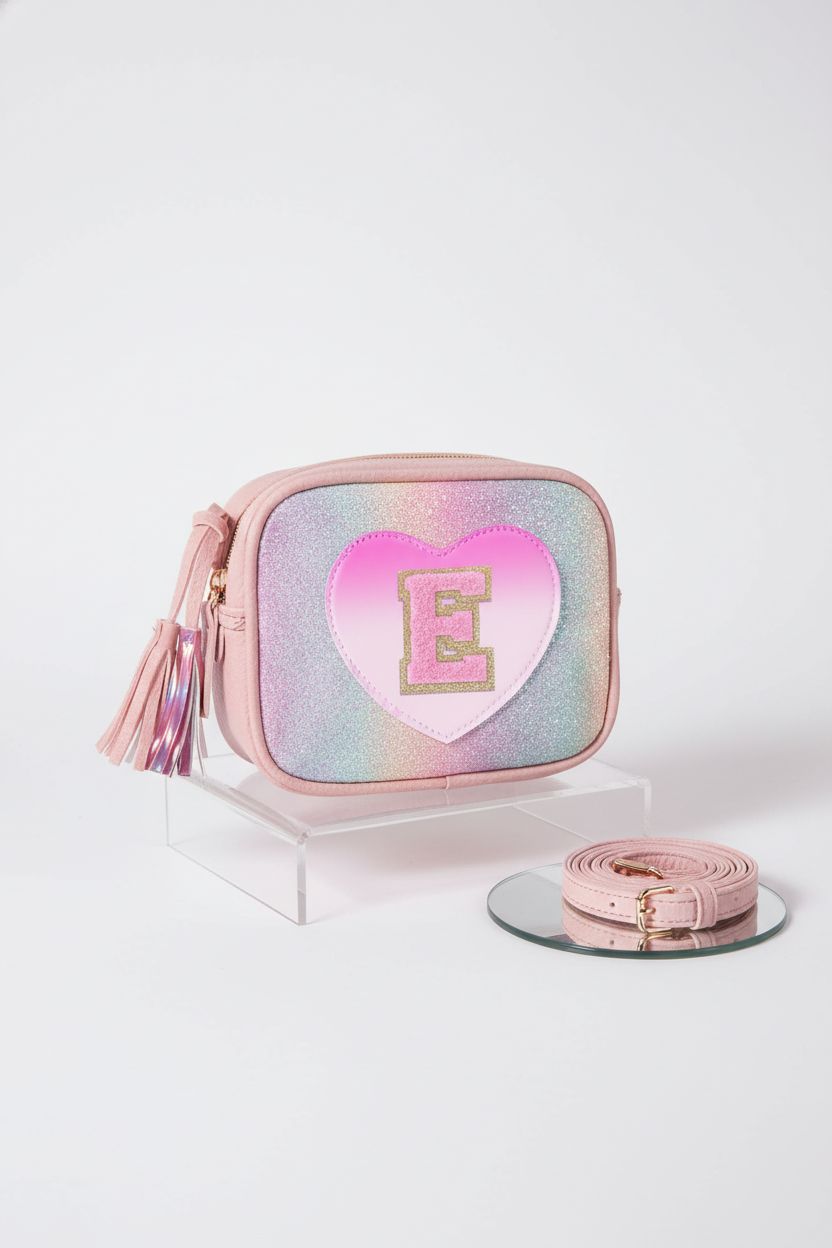 Product shot of UIXIZQ personalized toddler purse, highlighting its glittery design and quality details