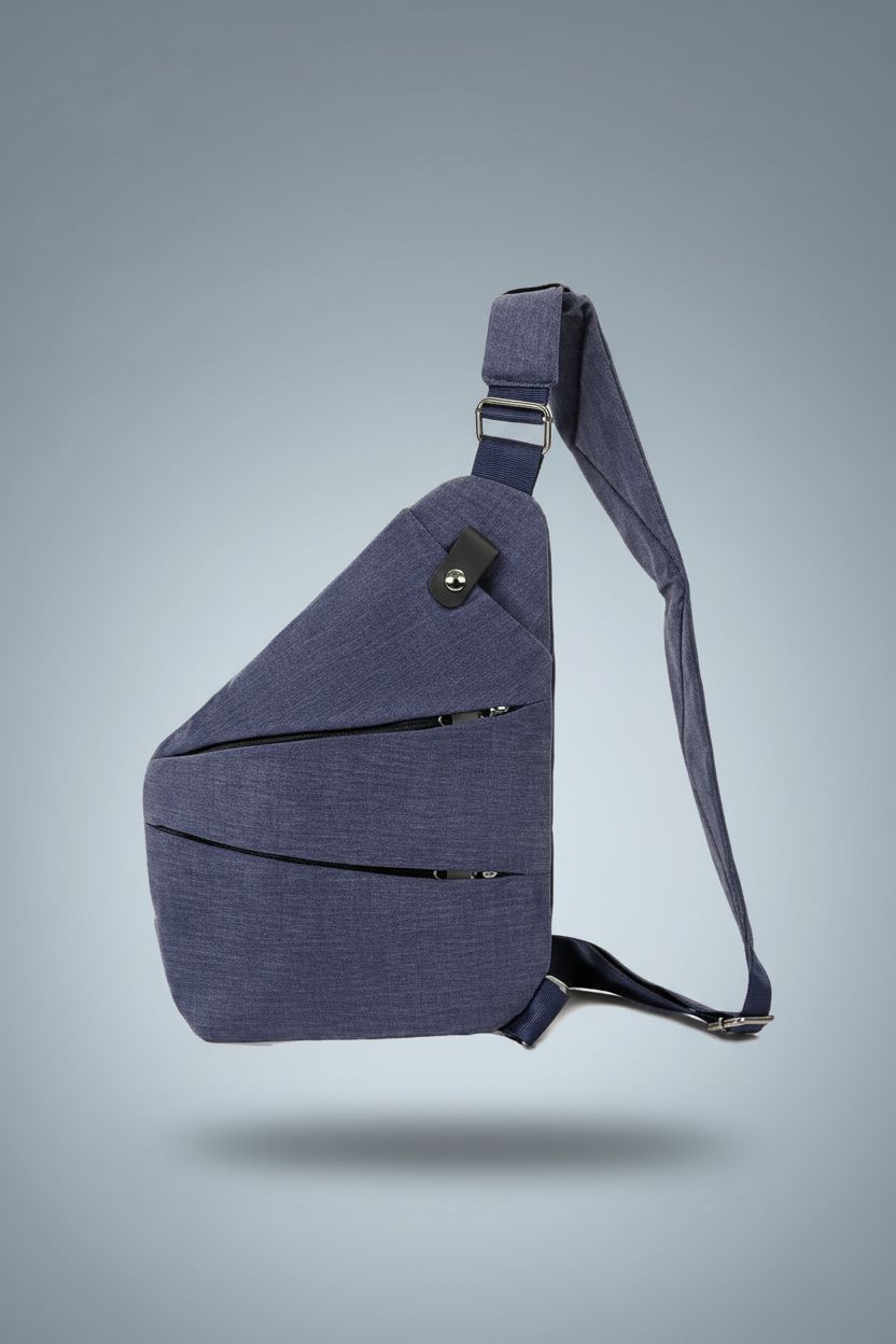 Product shot of Ocalil blue anti-theft sling bag highlighting its design and craftsmanship.