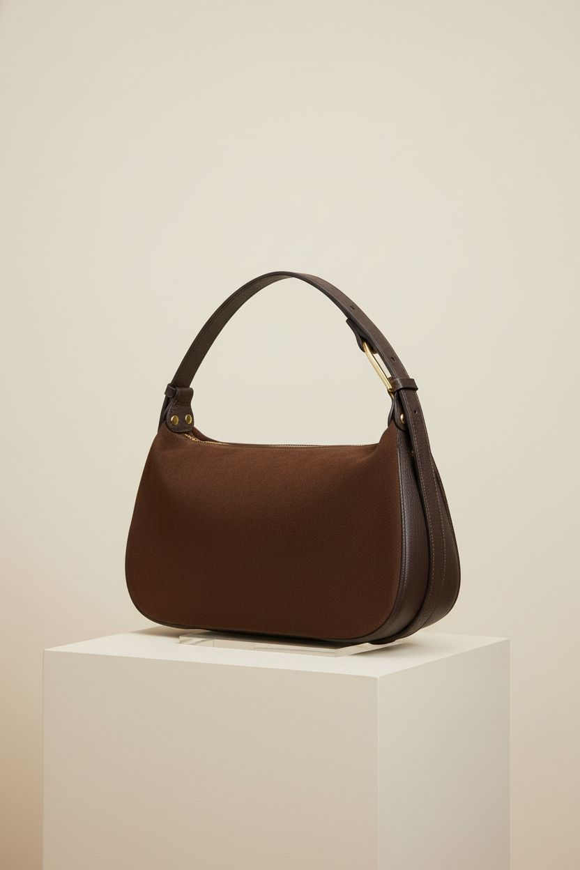 TAKEASY compact trapezoid chocolate leather bag on a minimal display with elegant strap design.