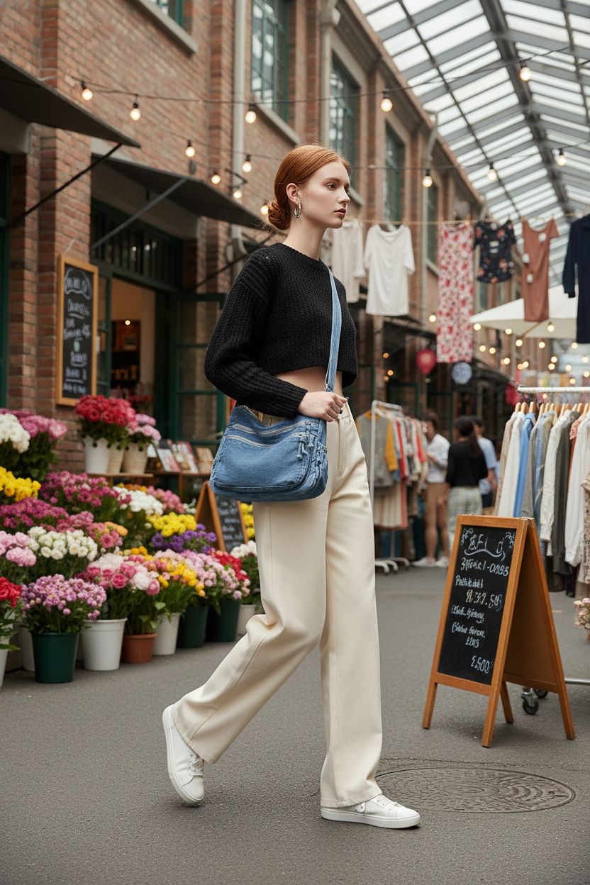 Large denim tote bag by Twievo showcased amidst a vibrant street market setting.