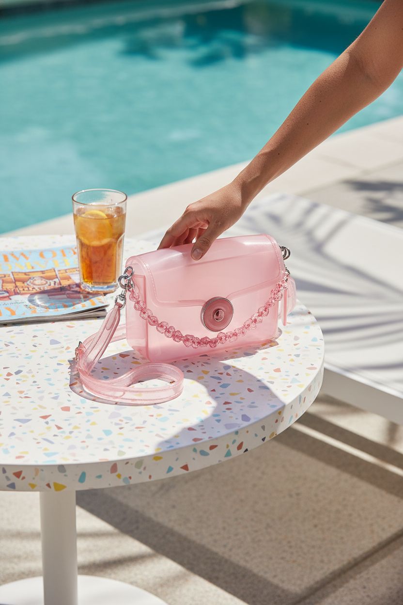 FASTFAIRY pink jelly purse on a poolside table, perfect for summer relaxation