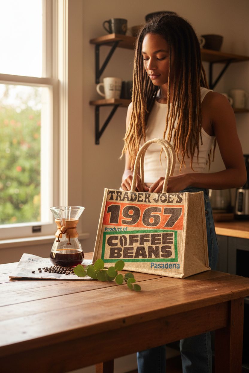 Jute bag on a farmhouse table with coffee items and eucalyptus in a cozy nook
