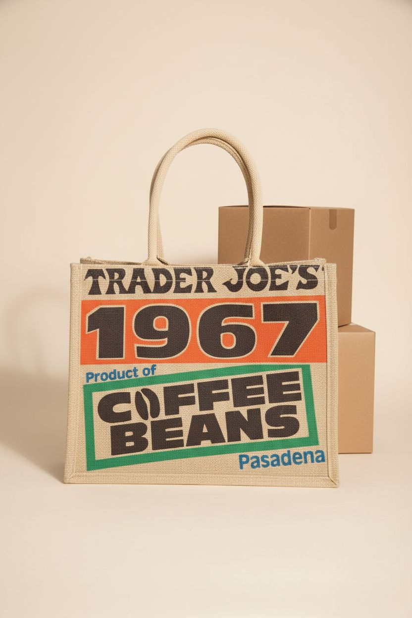 Product shot of Trader Joe's jute bag with 1967 COFFEE BEANS print on a studio backdrop