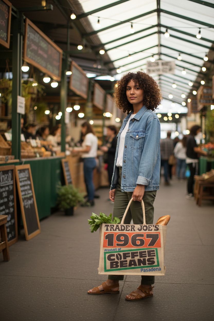 Light brown jute shopping bag with 1967 COFFEE BEANS graphic at a farmers market