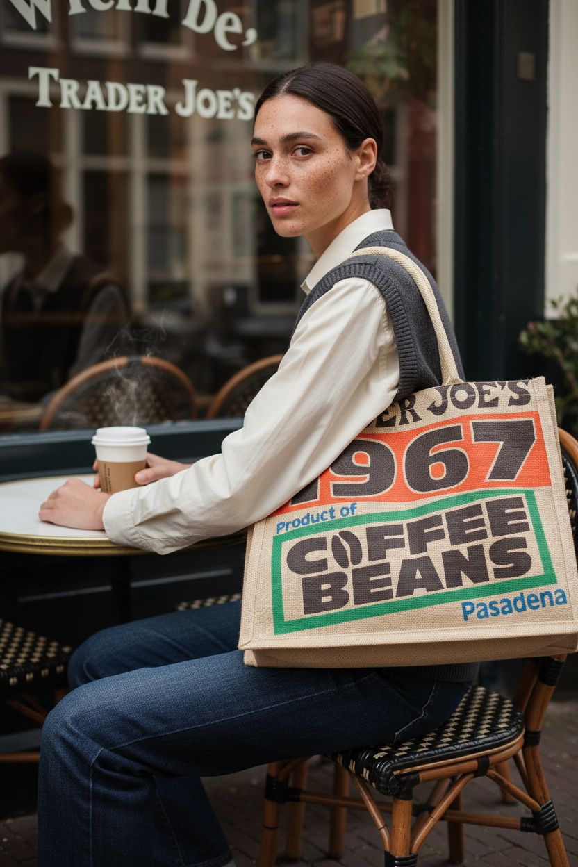 Light brown jute bag with 1967 COFFEE BEANS print beside a cappuccino at a café