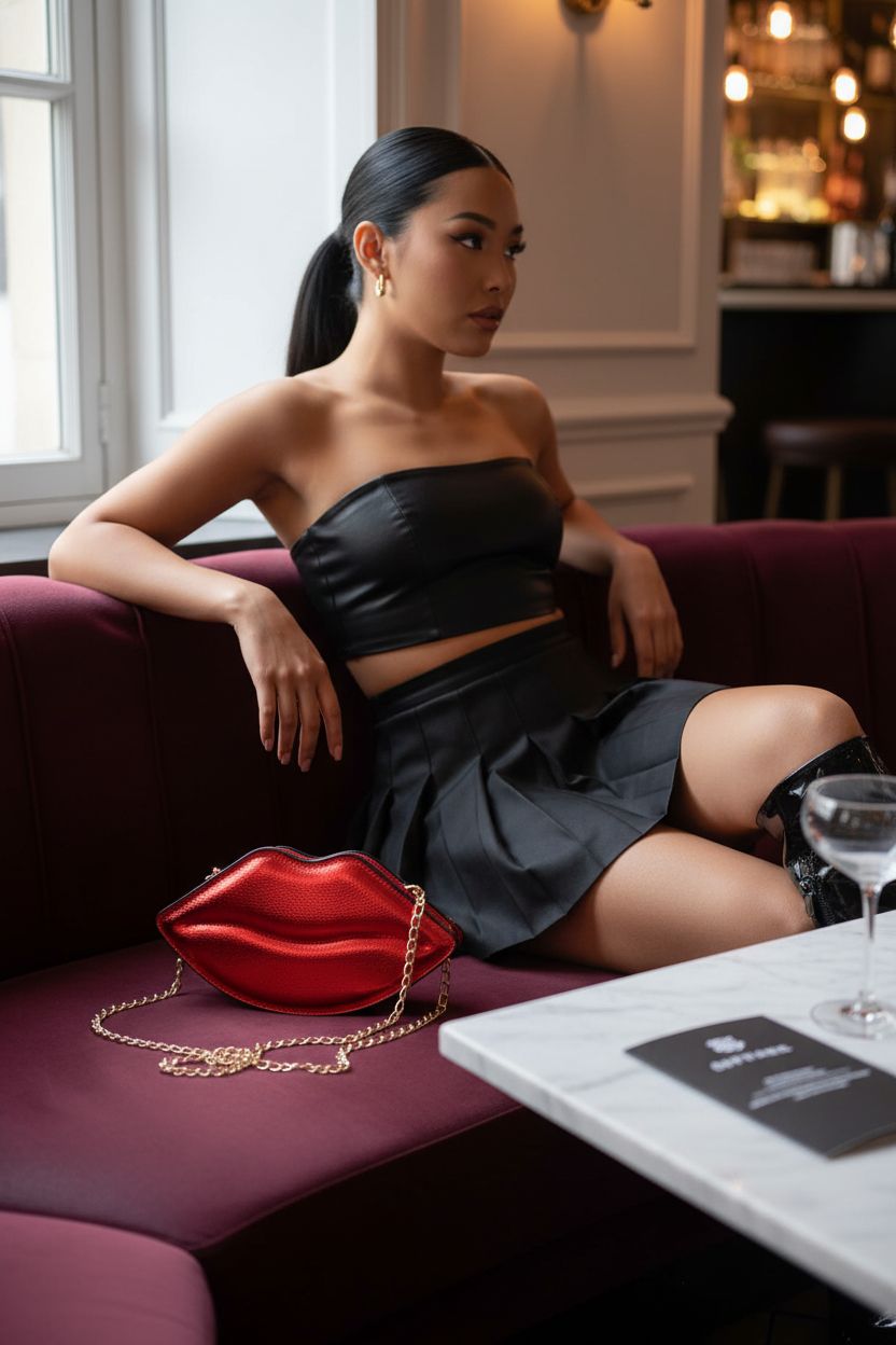 ENJOININ kiss bag resting on a velvet banquette, enhancing a romantic lounge atmosphere.