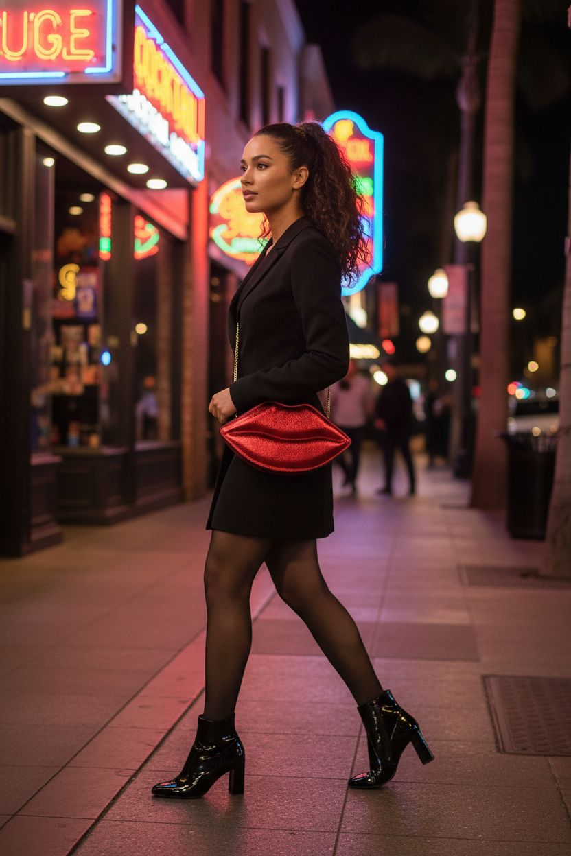 Metallic red kiss bag by ENJOININ worn crossbody with a stylish mini dress, perfect for nightlife.