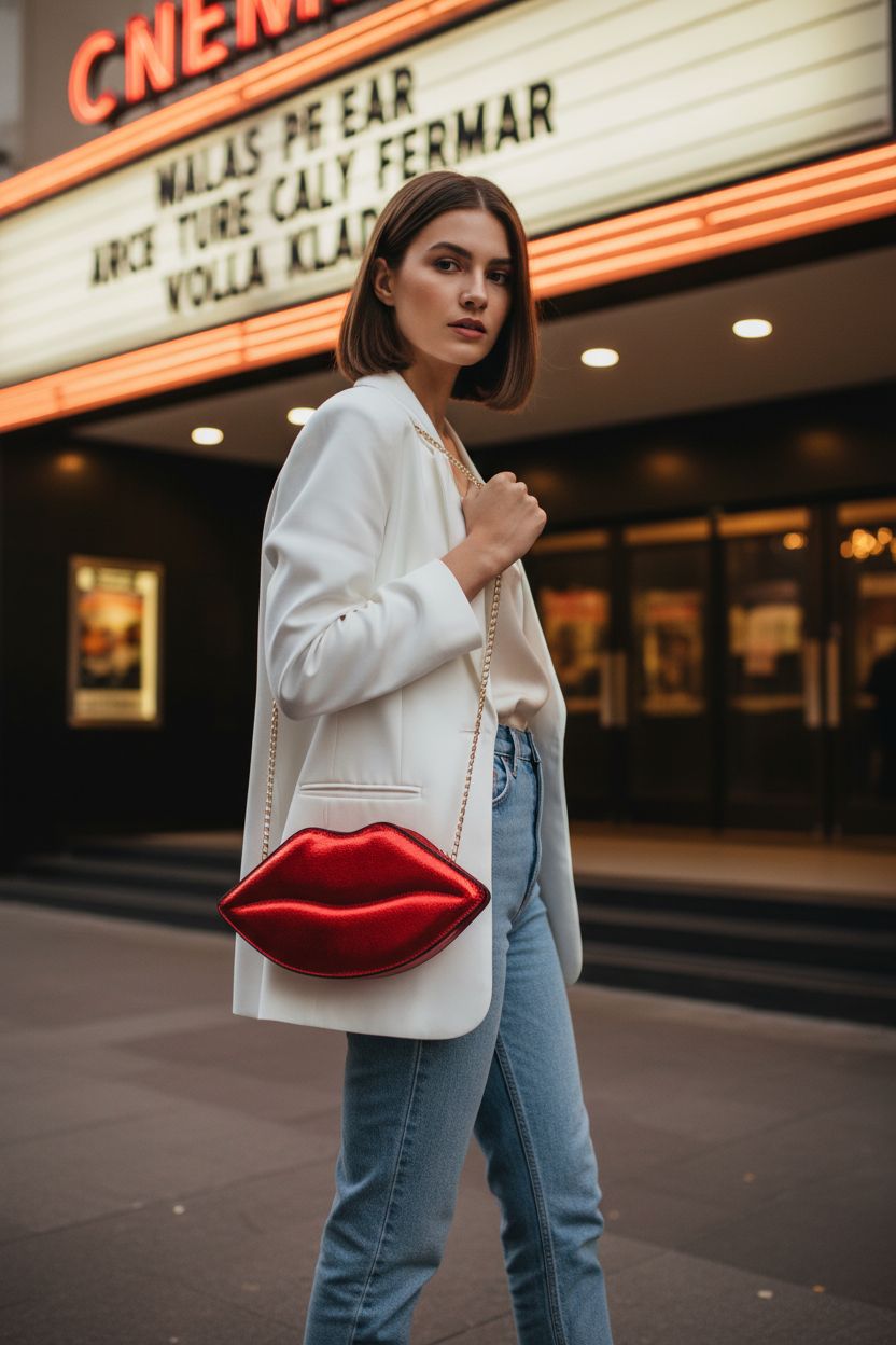 ENJOININ metallic red kiss bag on shoulder, styled with an ivory cami and oversized blazer for a chic look.