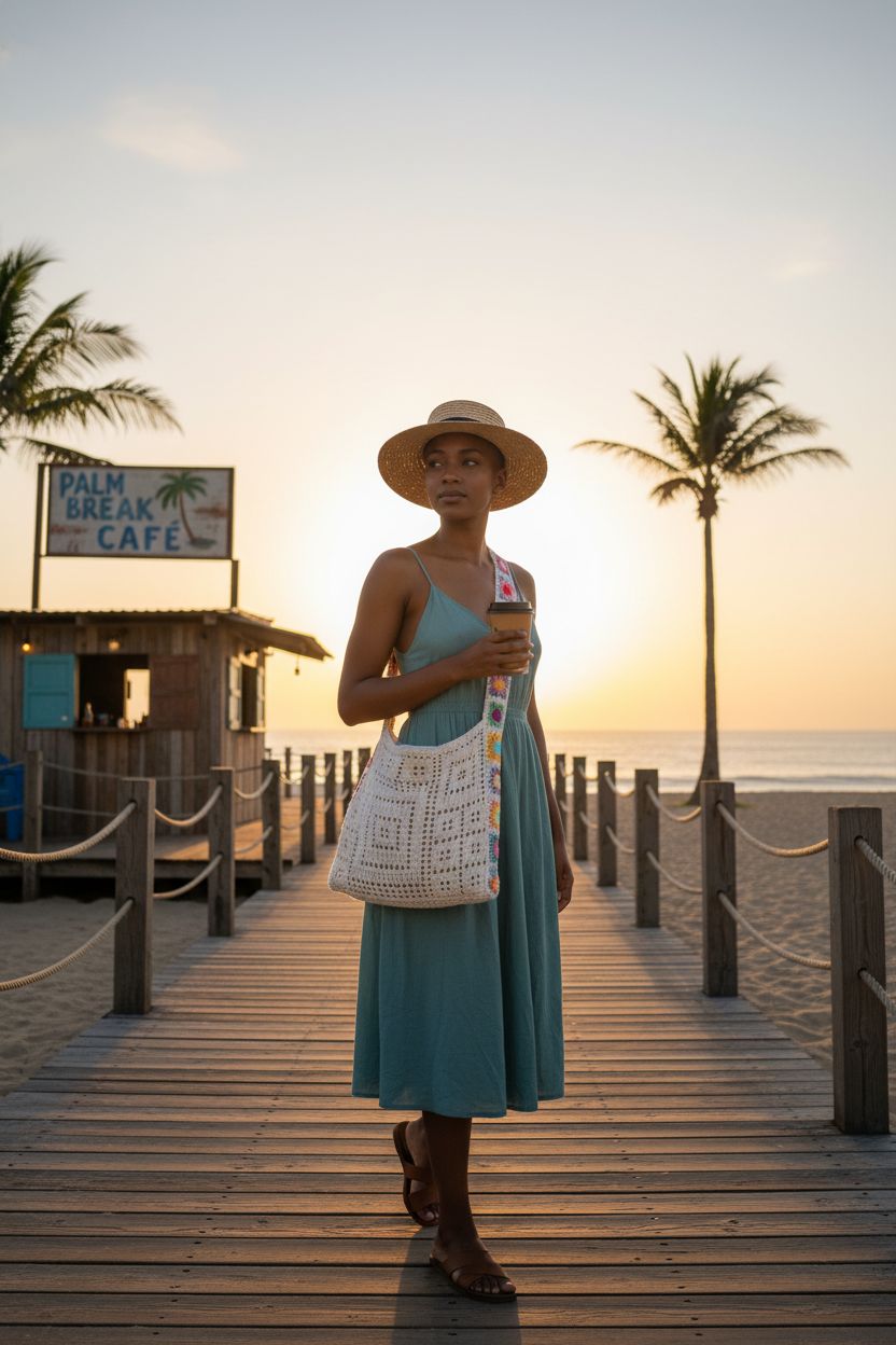 Babelshar's cream crochet tote bag with multicolor strap, perfect for beach strolls.
