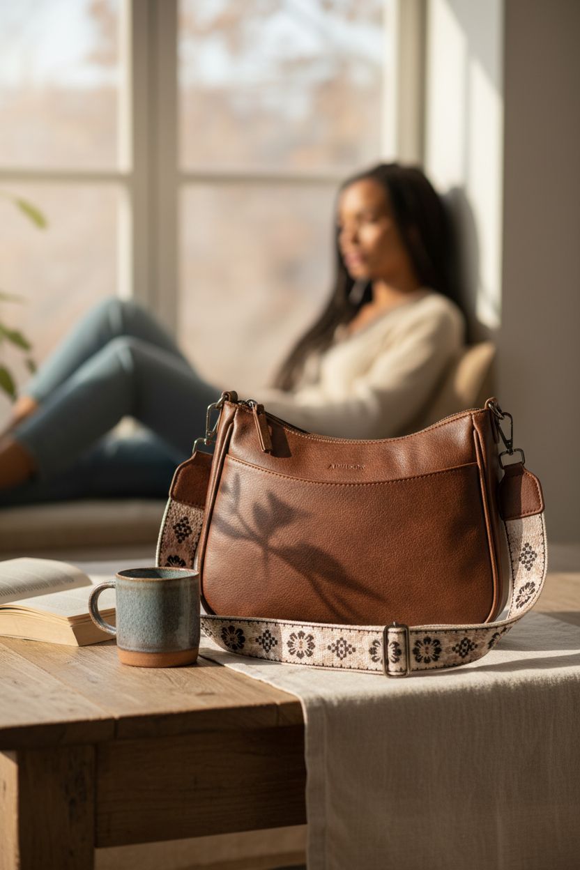 APHISON leather purse resting on a table with a mug and book in a cozy reading nook atmosphere.