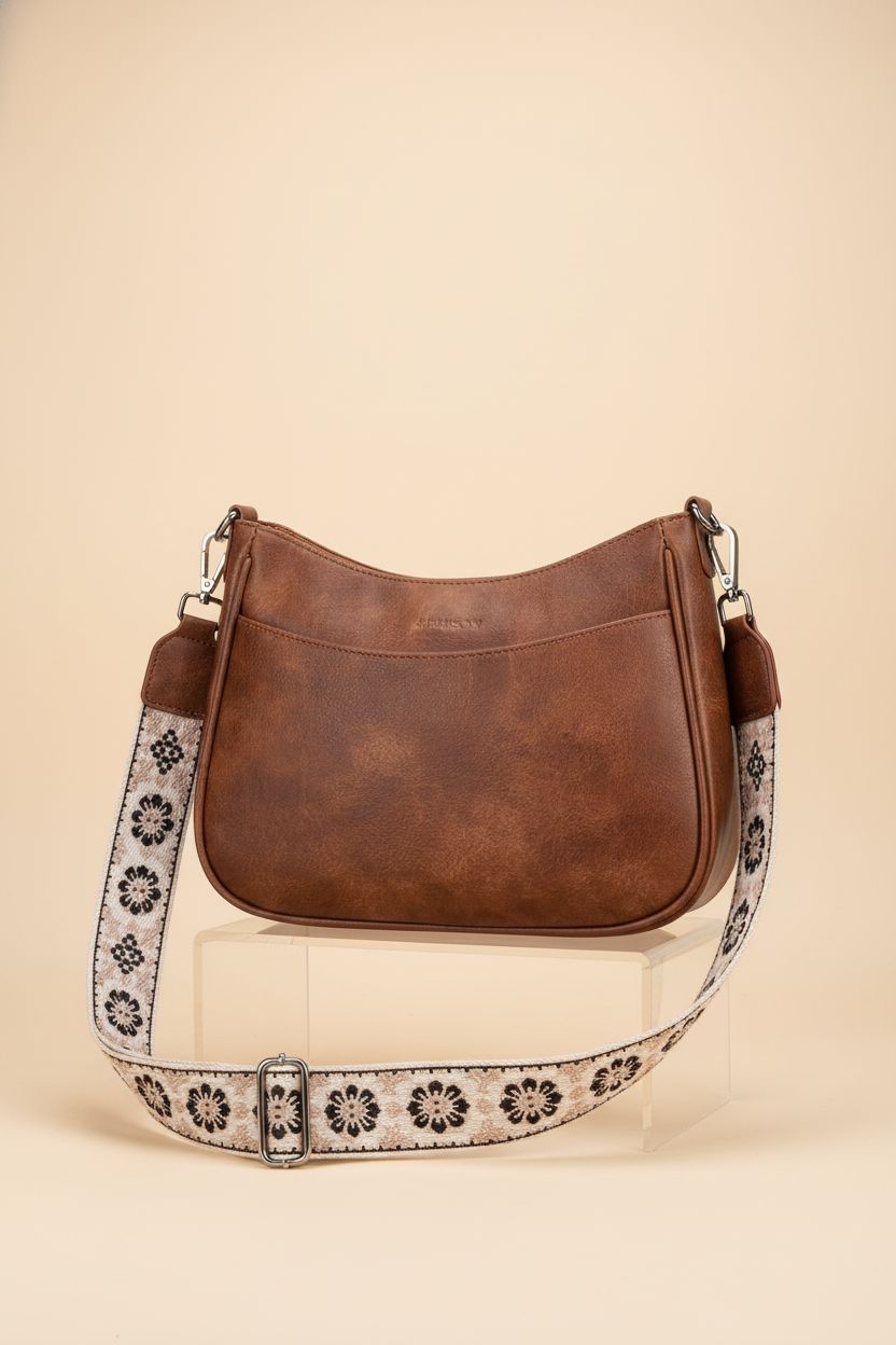 Detailed view of APHISON crossbody purse on a seamless backdrop, highlighting vegan leather and design.