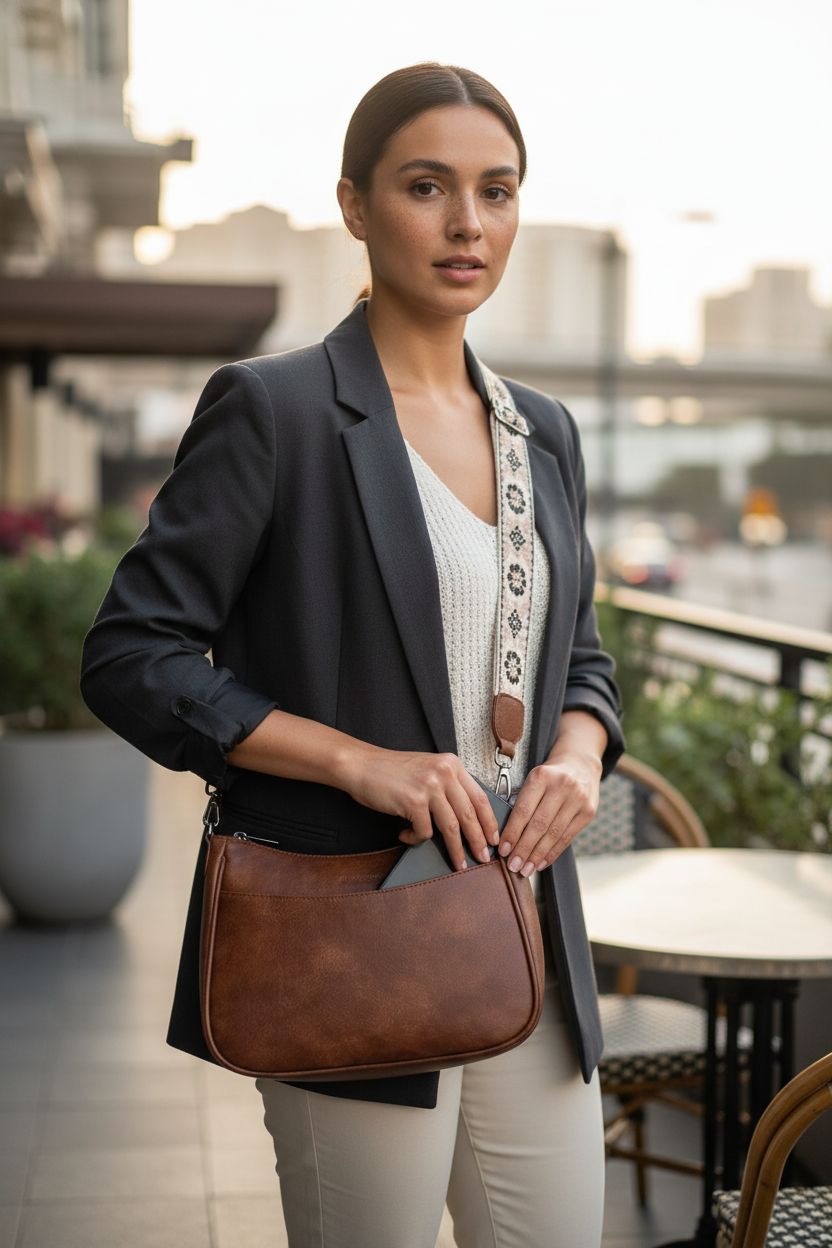 APHISON trendy leather crossbody purse on a café terrace, showcasing adjustable strap and magnetic pocket.