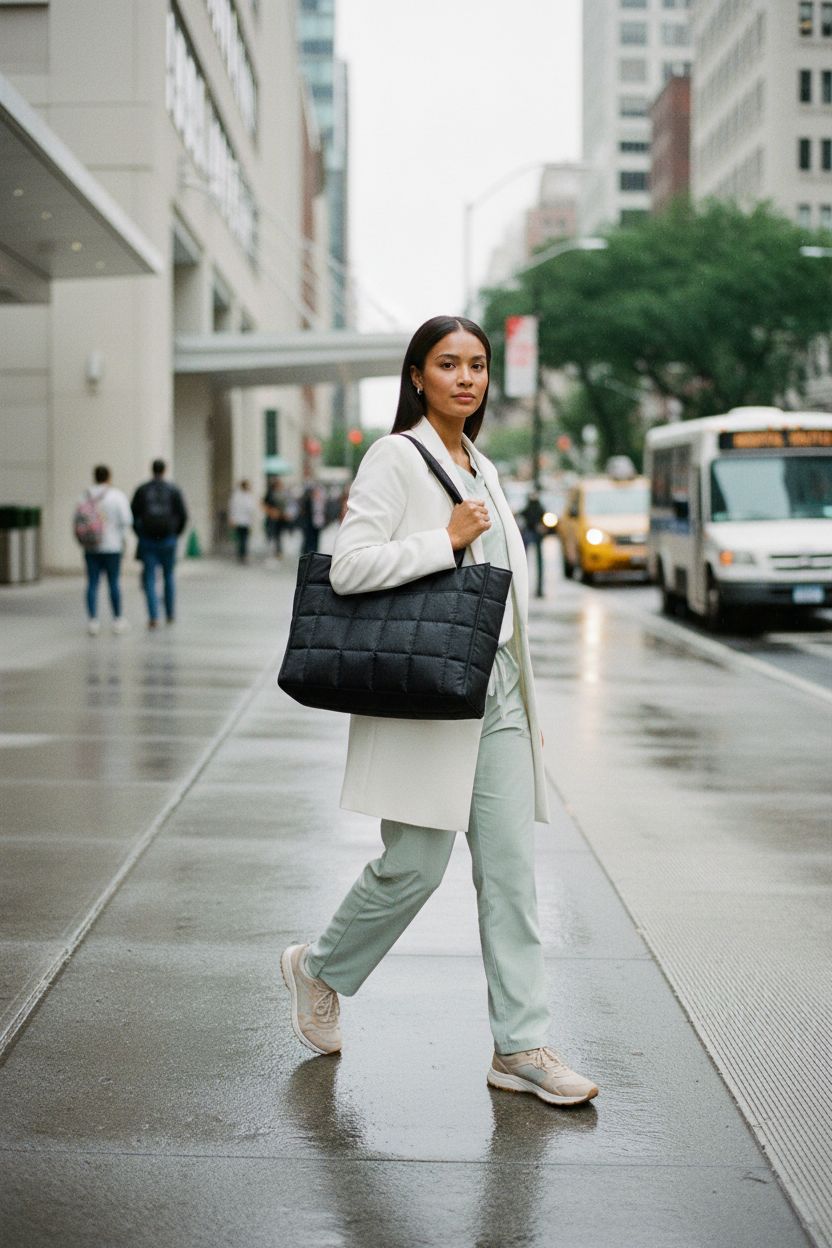 LOVEVOOK black quilted tote bag worn during a morning commute outside a hospital.