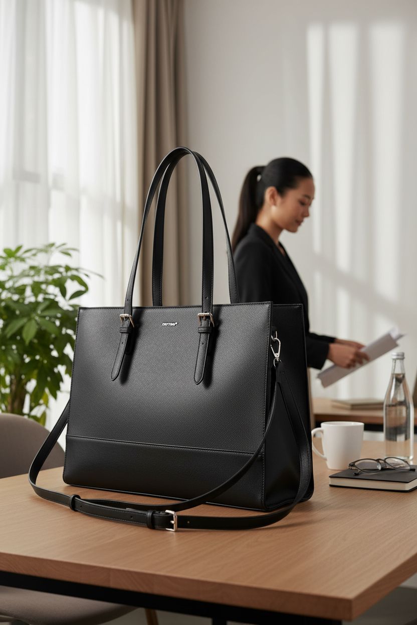 TANTOMI laptop tote bag in serene home office, beside desk items and plants