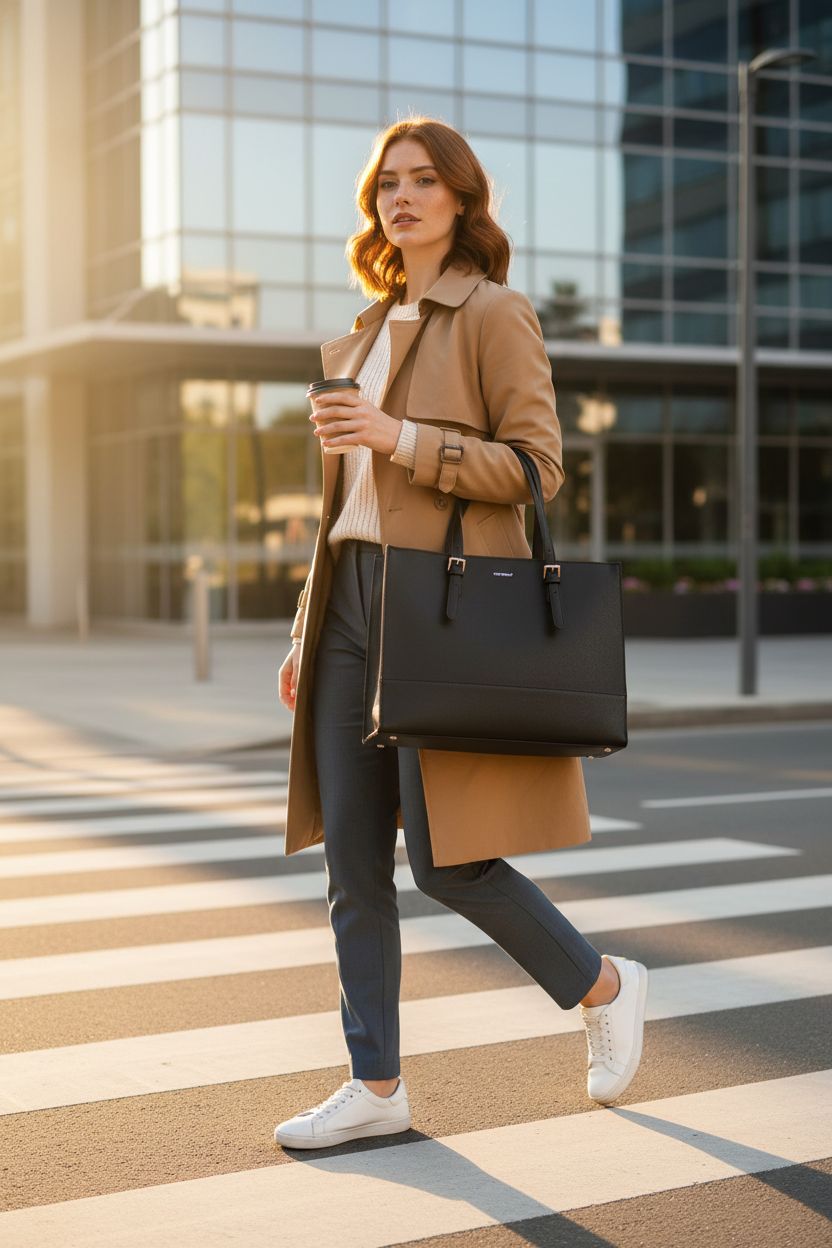 TANTOMI laptop tote bag for women, stylishly worn over shoulder, sunlit office setting