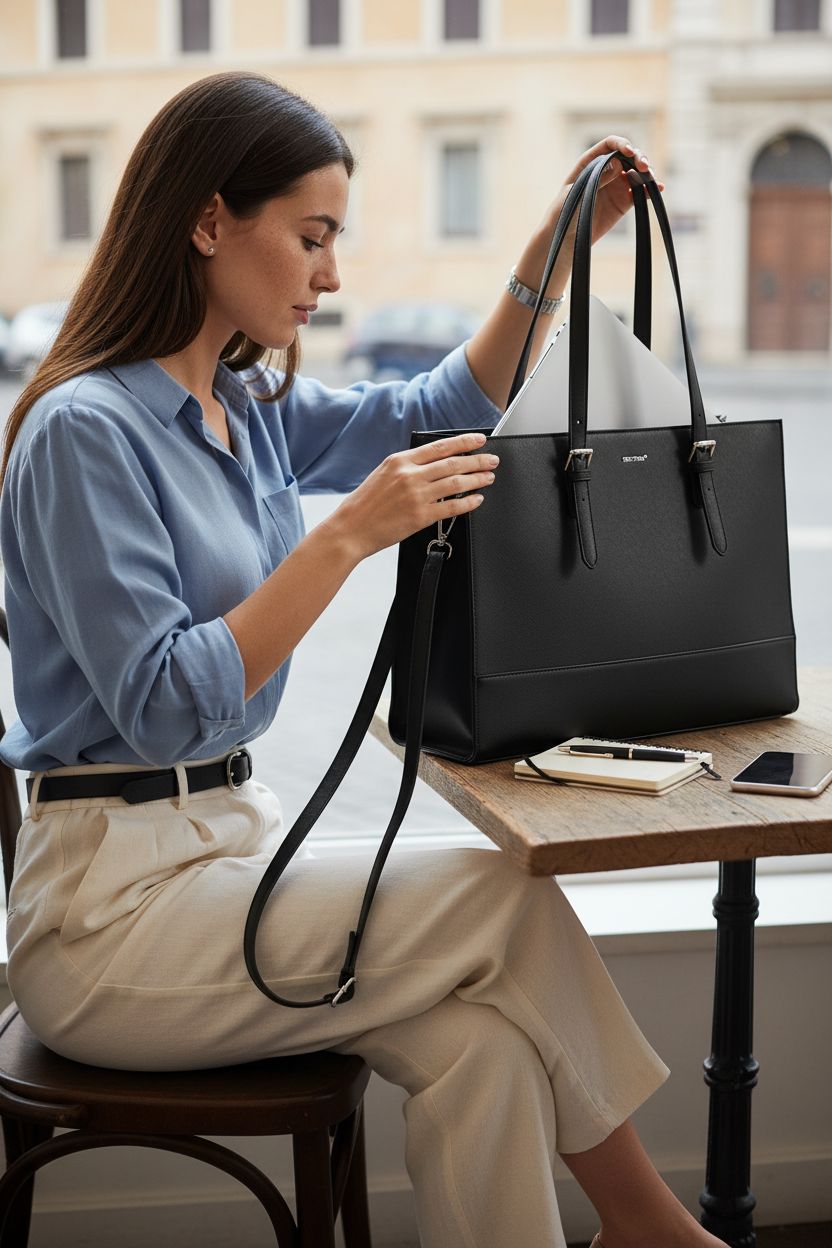 TANTOMI black laptop tote bag, perfect for 15.6" laptops, in cozy café setting