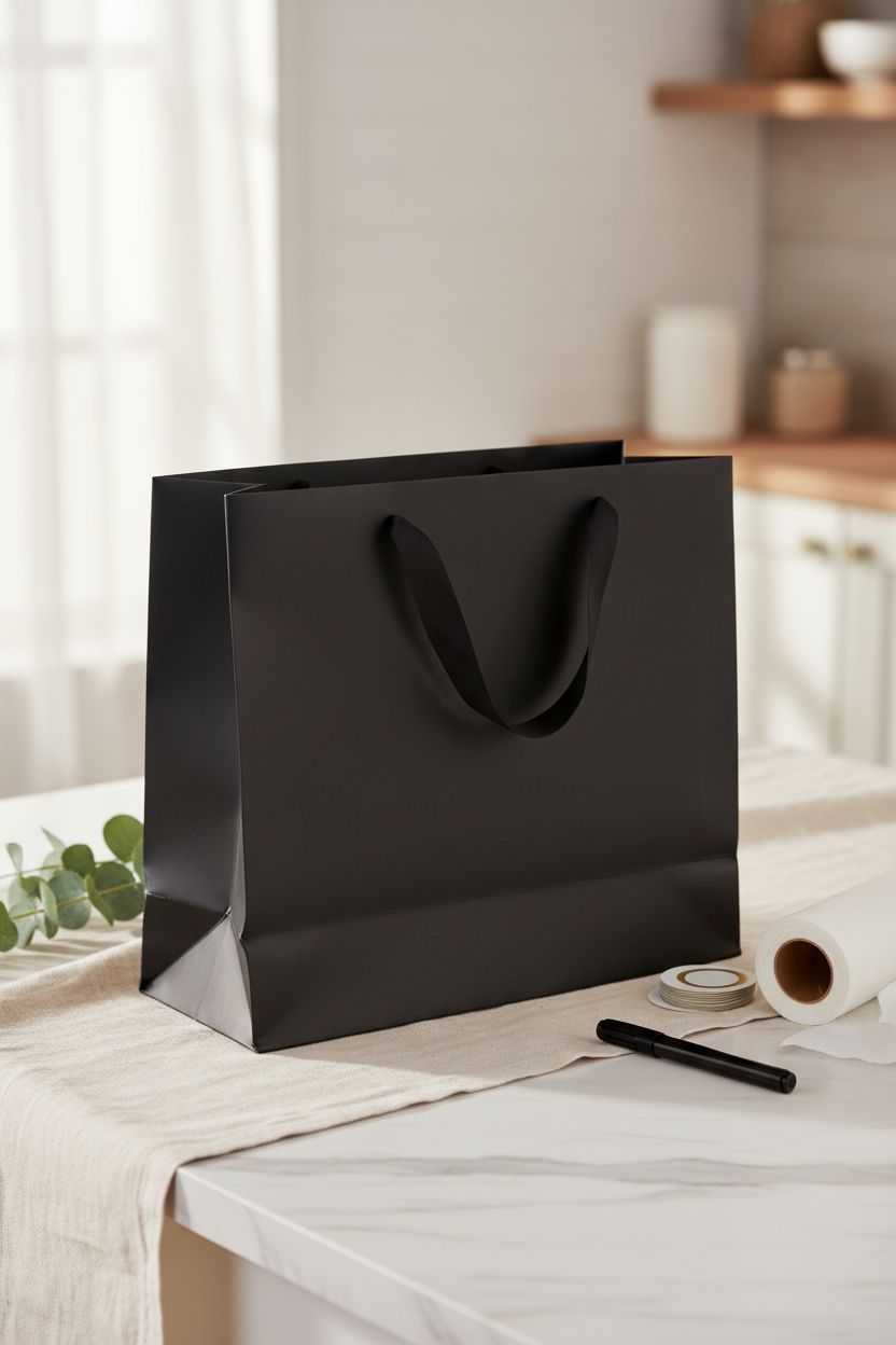 MOXARYSU Extra Large Black Gift Bag on a marble countertop, ideal for gift wrapping