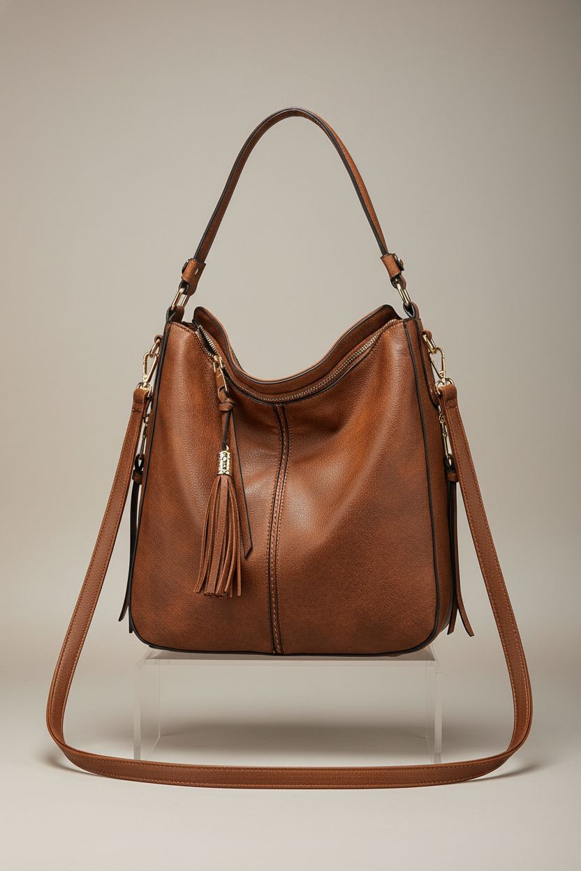 Realers large designer hobo bag in faux leather on minimalist display, highlighting elegant design.