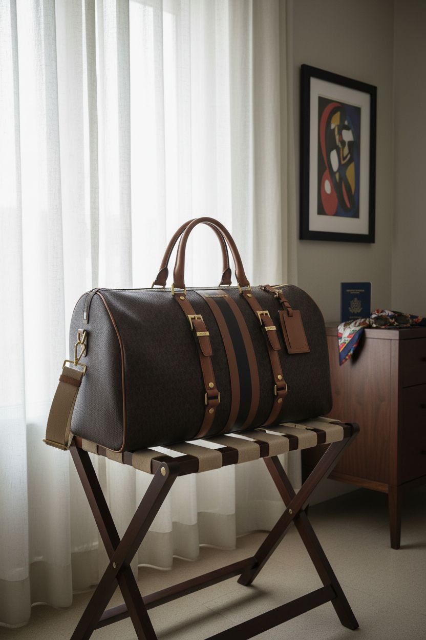 Michael Kors Bedford Weekender Bag resting on luggage rack in a boutique hotel room.