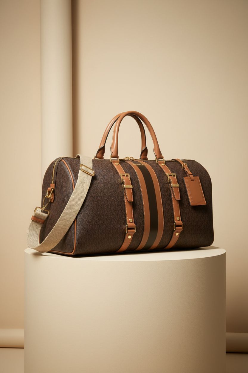 Close-up of Michael Kors Bedford Weekender Bag highlighting its design and features.
