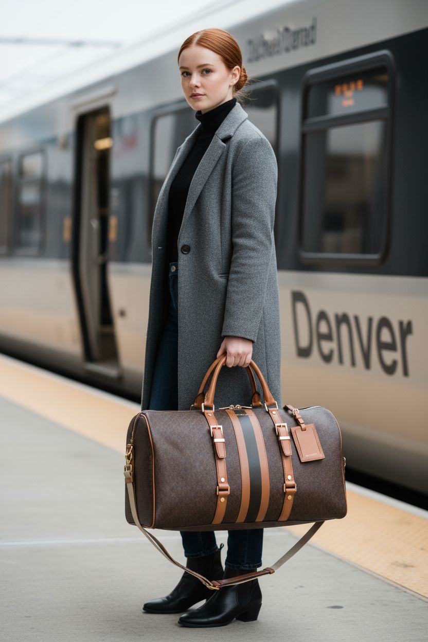 Michael Kors Bedford Weekender Bag in acorn color, showcased at Denver train platform.
