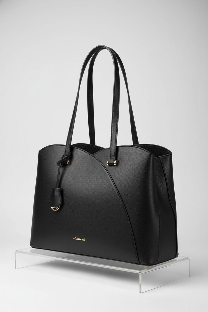 LOVEVOOK black tote bag displayed on a light grey backdrop, showcasing its sleek design