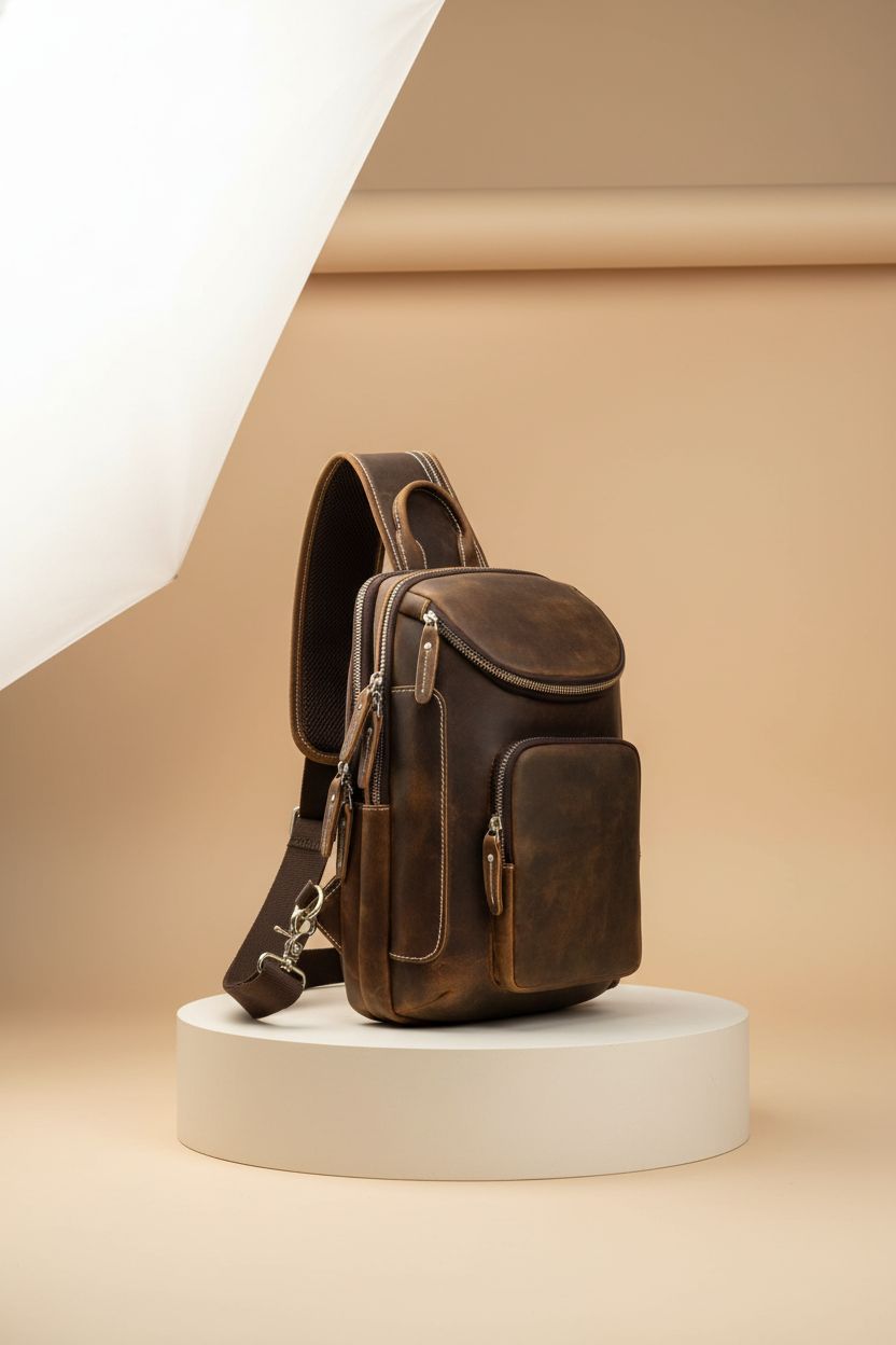 Detailed view of LANNSYNE vintage leather sling bag on a neutral studio backdrop, showcasing its craftsmanship.