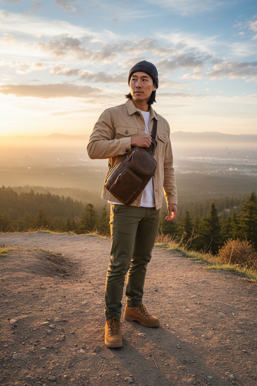 LANNSYNE vintage leather sling bag worn by a hiker at a sunrise trail overlook, perfect for outdoor adventures.