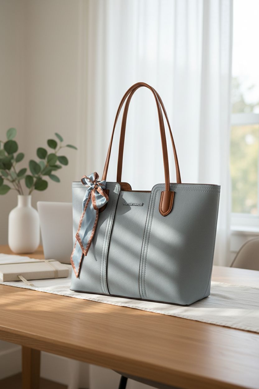 Montana West blue tote bag on desk in a sunlit home-office, showcasing vegan leather and elegant design.