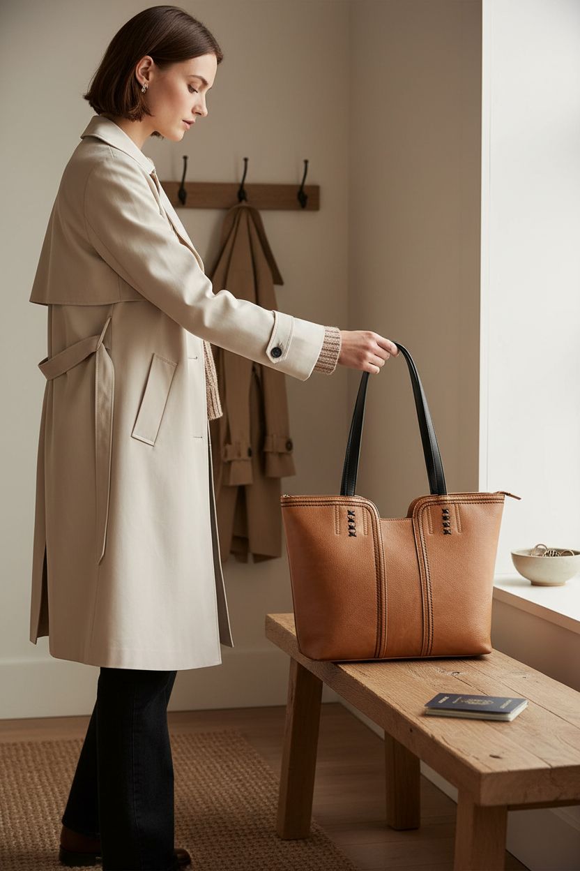 Montana West brown tote bag on a light oak bench, evoking a cozy weekend vibe.