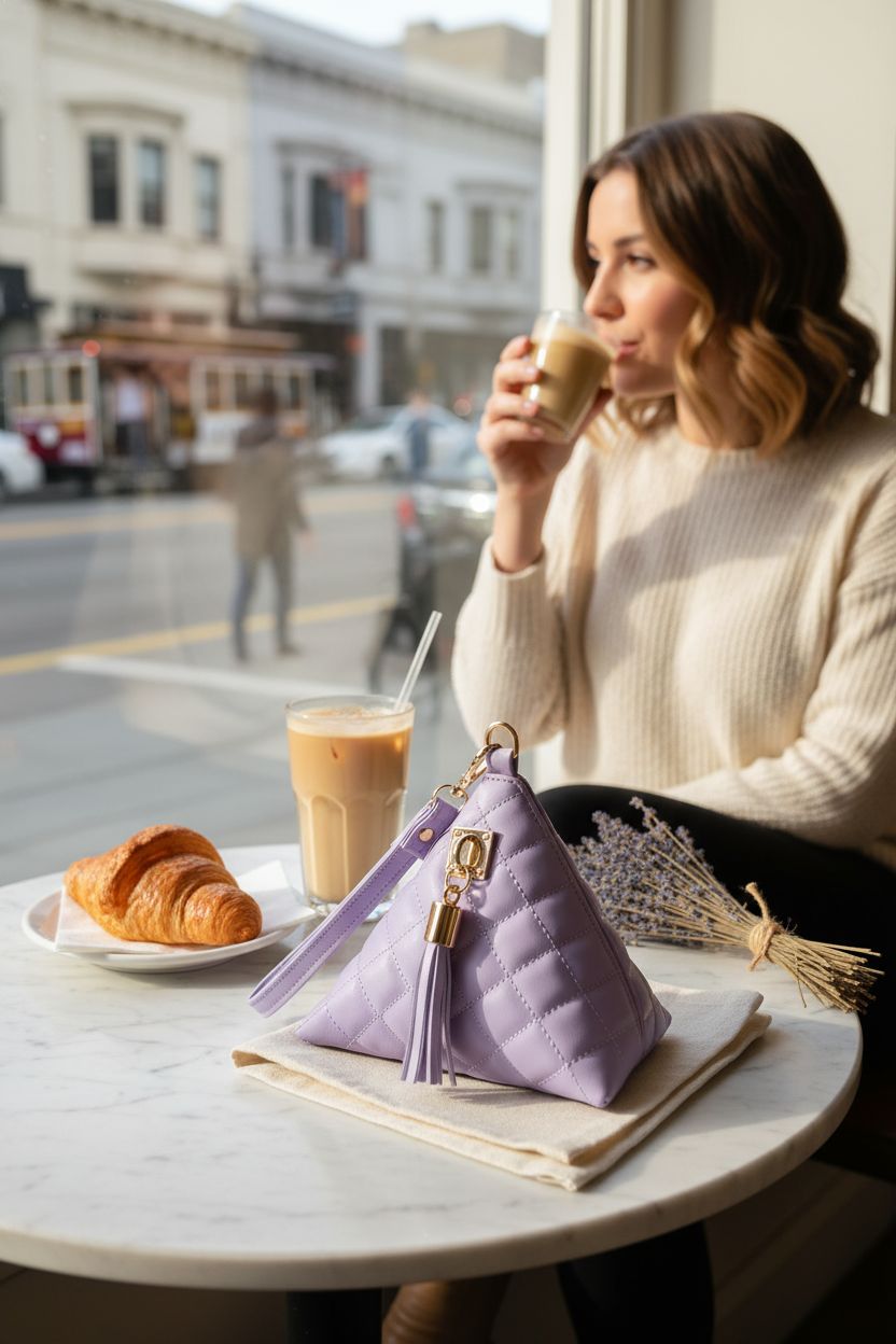 Aatacas lavender wristlet purse resting on a marble table beside a croissant in a cozy café.