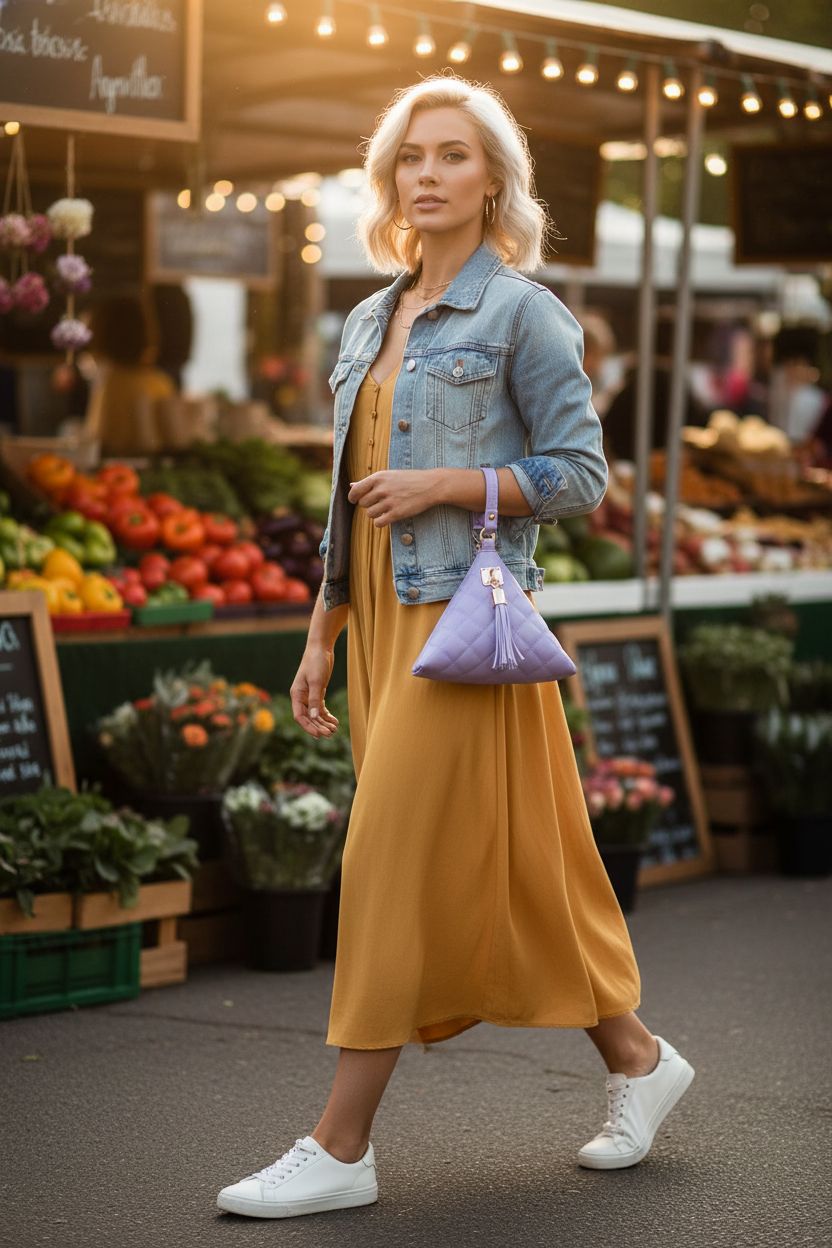 Light-purple Aatacas pyramid wristlet purse showcased at a vibrant farmers market.